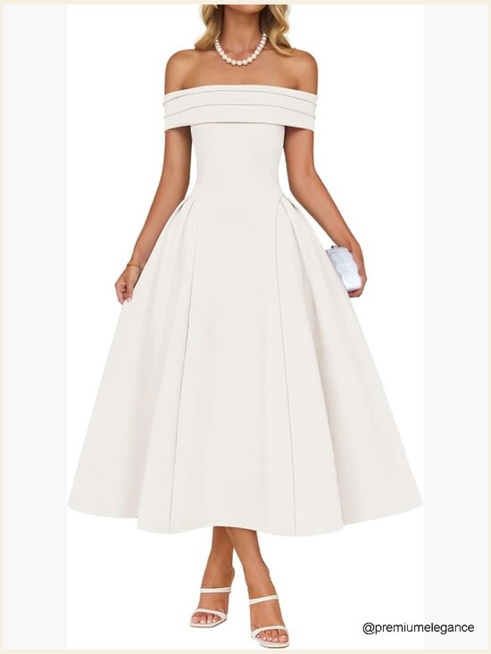 Dresses & Skirts - Off Shoulder Short Sleeve A-Line Midi Dress - Formal Party